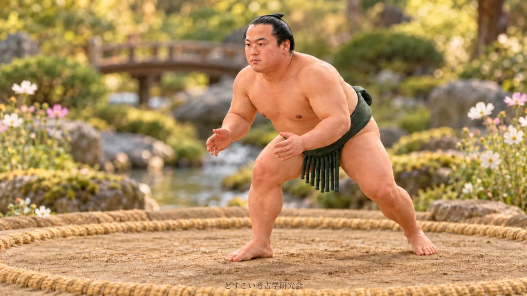 翠富士関の低い構えと前への一歩を表した、濃緑のまわしの創作ミニチュア