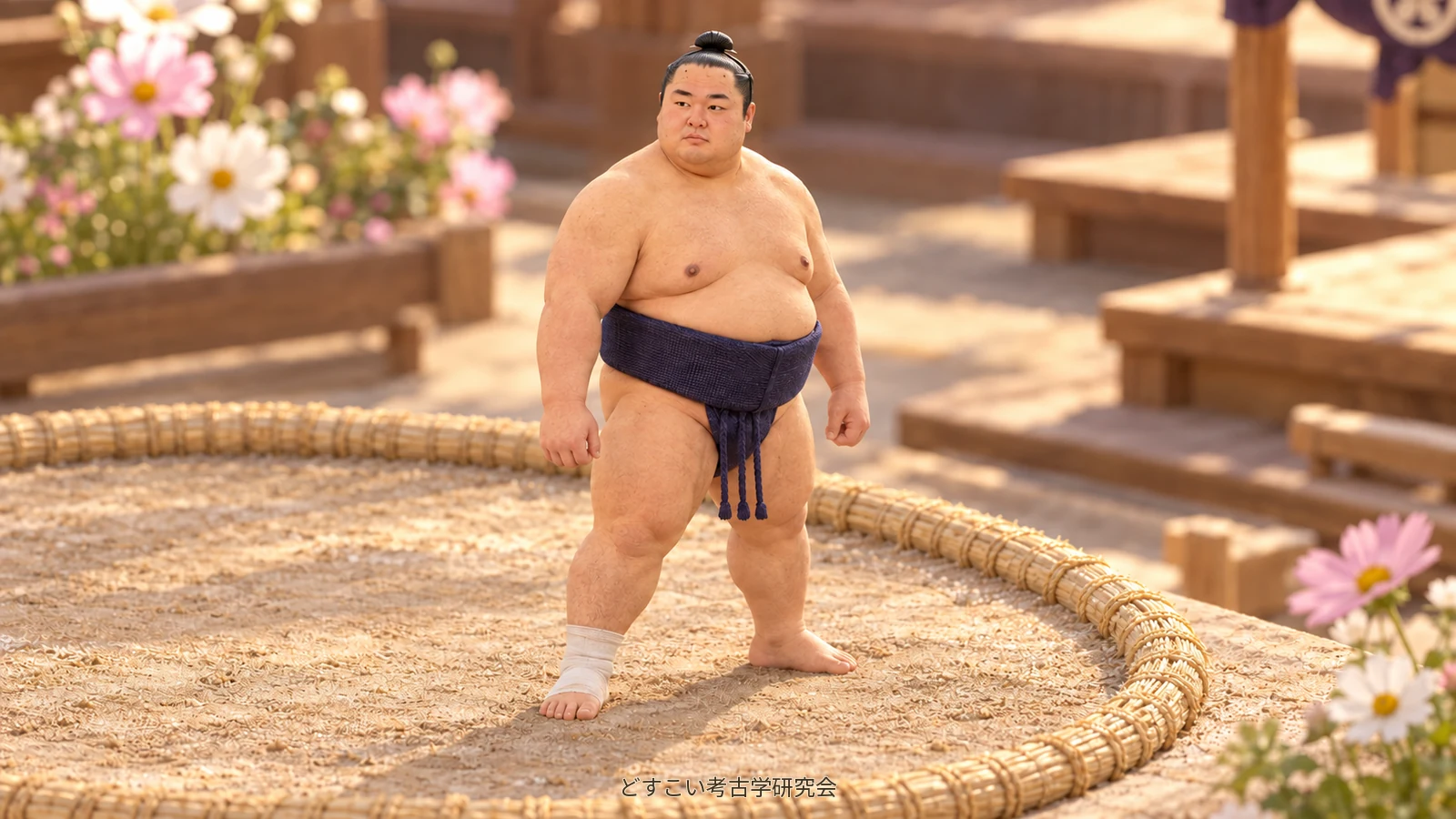 A miniature cover showing Tomokaze’s build and foot position, with cosmos flowers beside him.