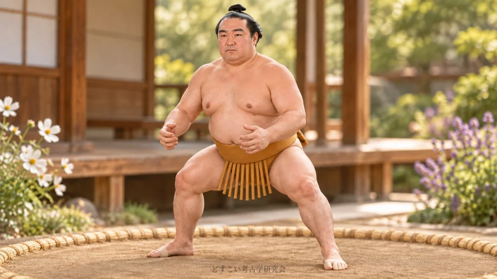竜電関が両腕を内側へ構える、モロ差しの入口を題材にした単独の創作ミニチュア