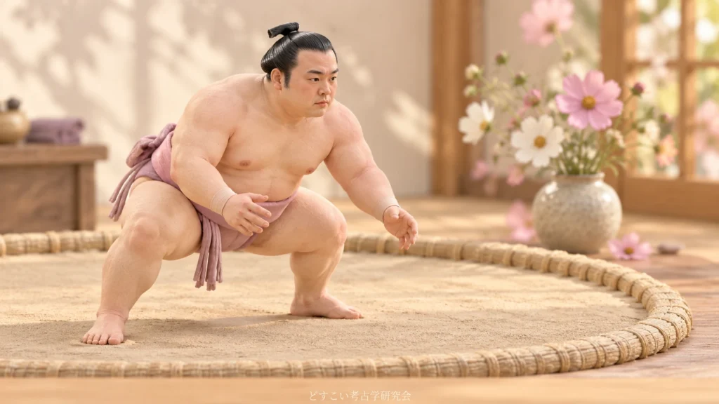 淡い桃色のまわしで低く前へ構える炎鵬関を題材にした創作ミニチュア