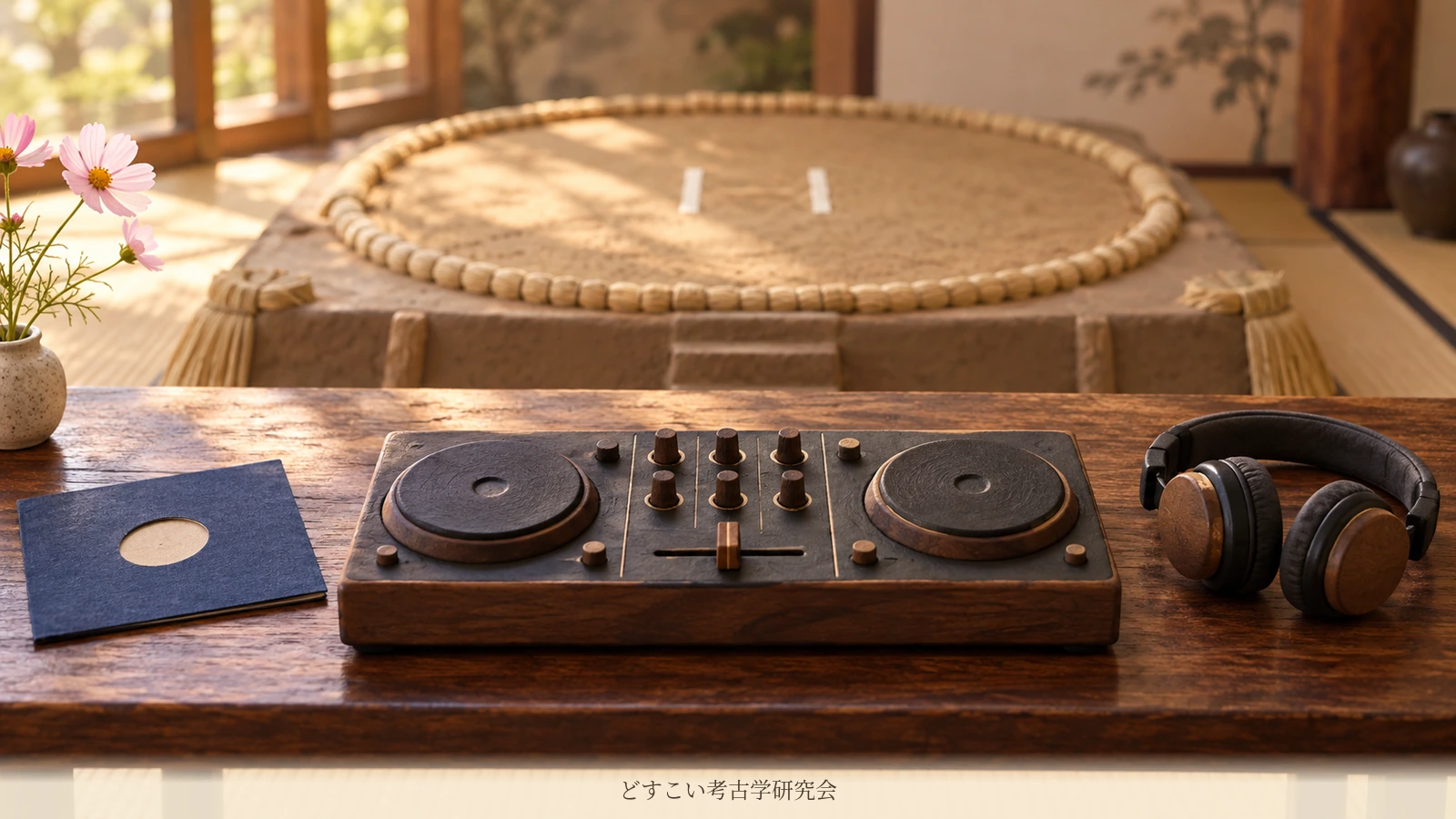 DJ equipment beside a sumo ring in a creative miniature inspired by Nabatame’s hobby.