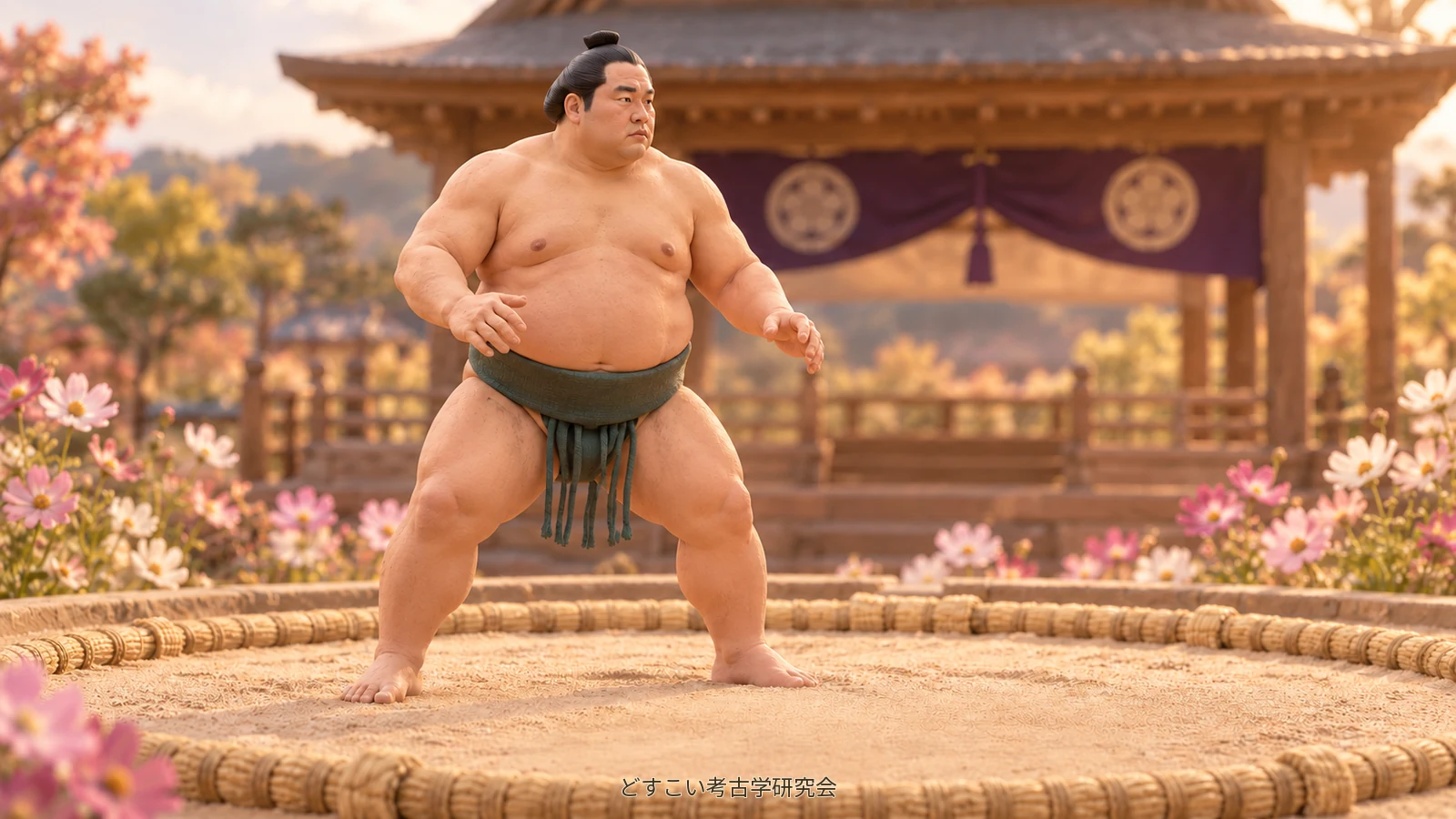 A creative miniature of Nishikigi taking his stance in a deep green mawashi.