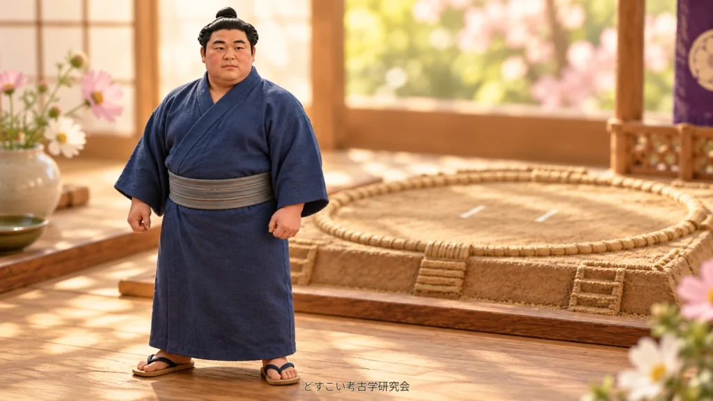 落ち着いた藍色の浴衣姿で立つ伯乃富士関を題材にした創作ミニチュア