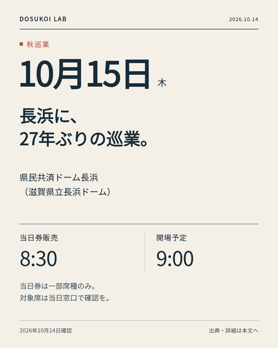 長浜場所の当日券販売8時30分、開場9時を示す案内カード。