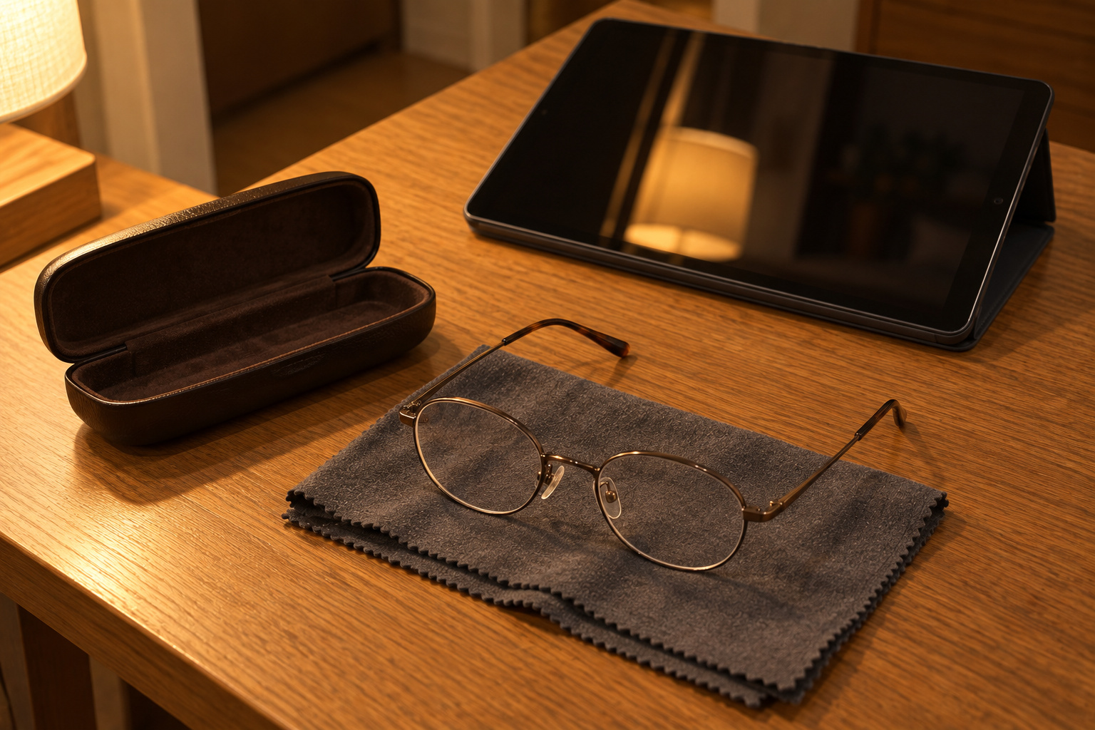暖かな灯りの机に置かれた眼鏡、グレーのクロス、開いたケースと画面を消したタブレット。
