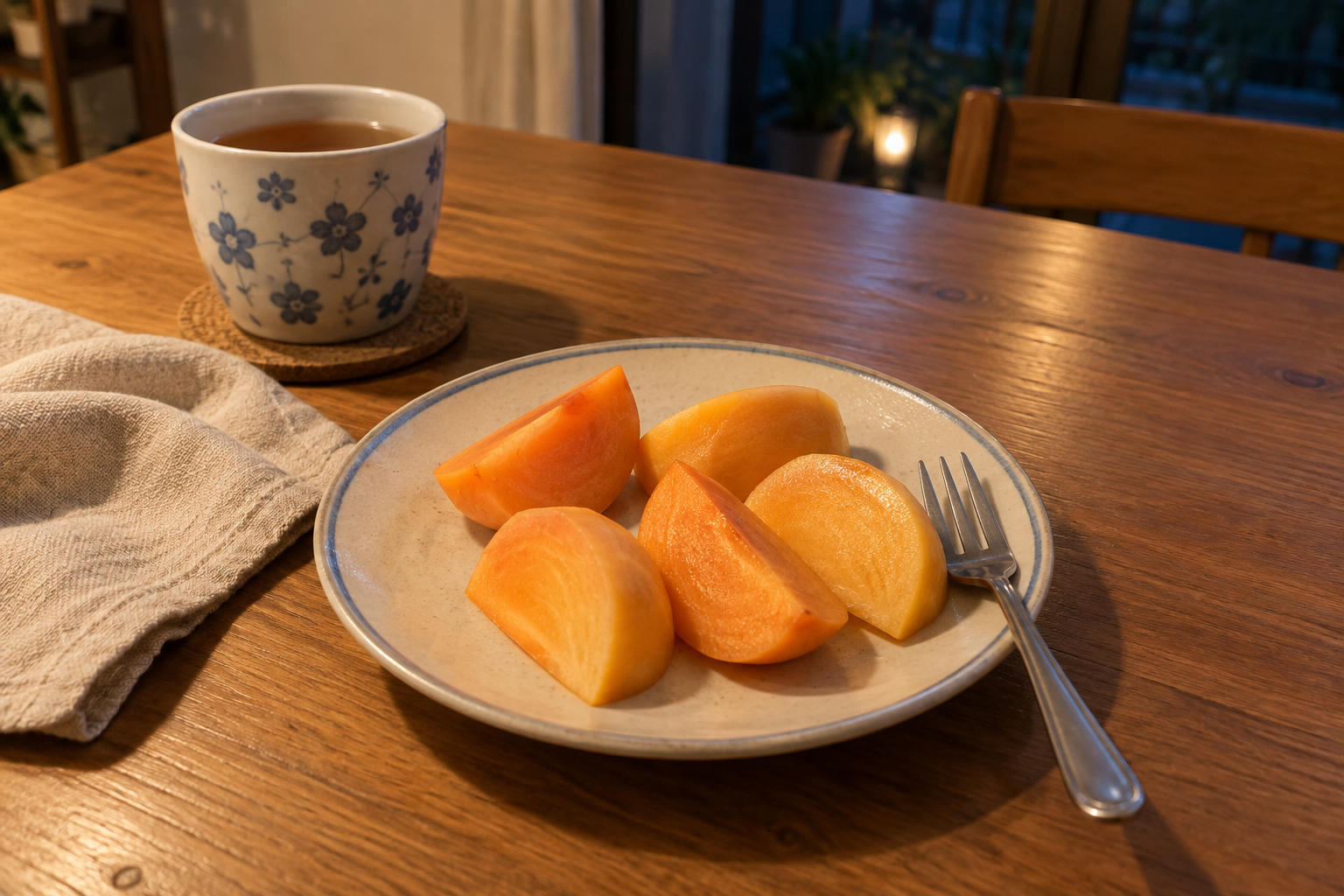 夕食後、木の机に置いた柿の皿とお茶。右側にフォーク。