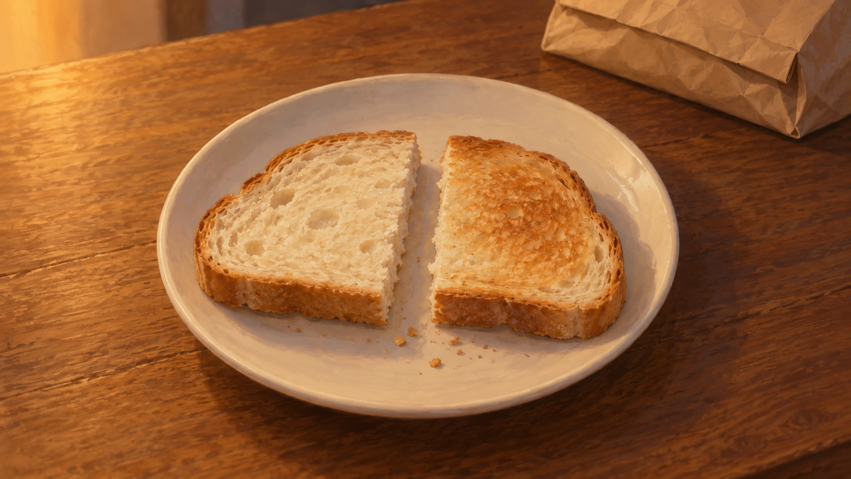 小皿に並んだ、同じパン一切れを半分にした二片。片方だけ軽く焼けている。ｋ