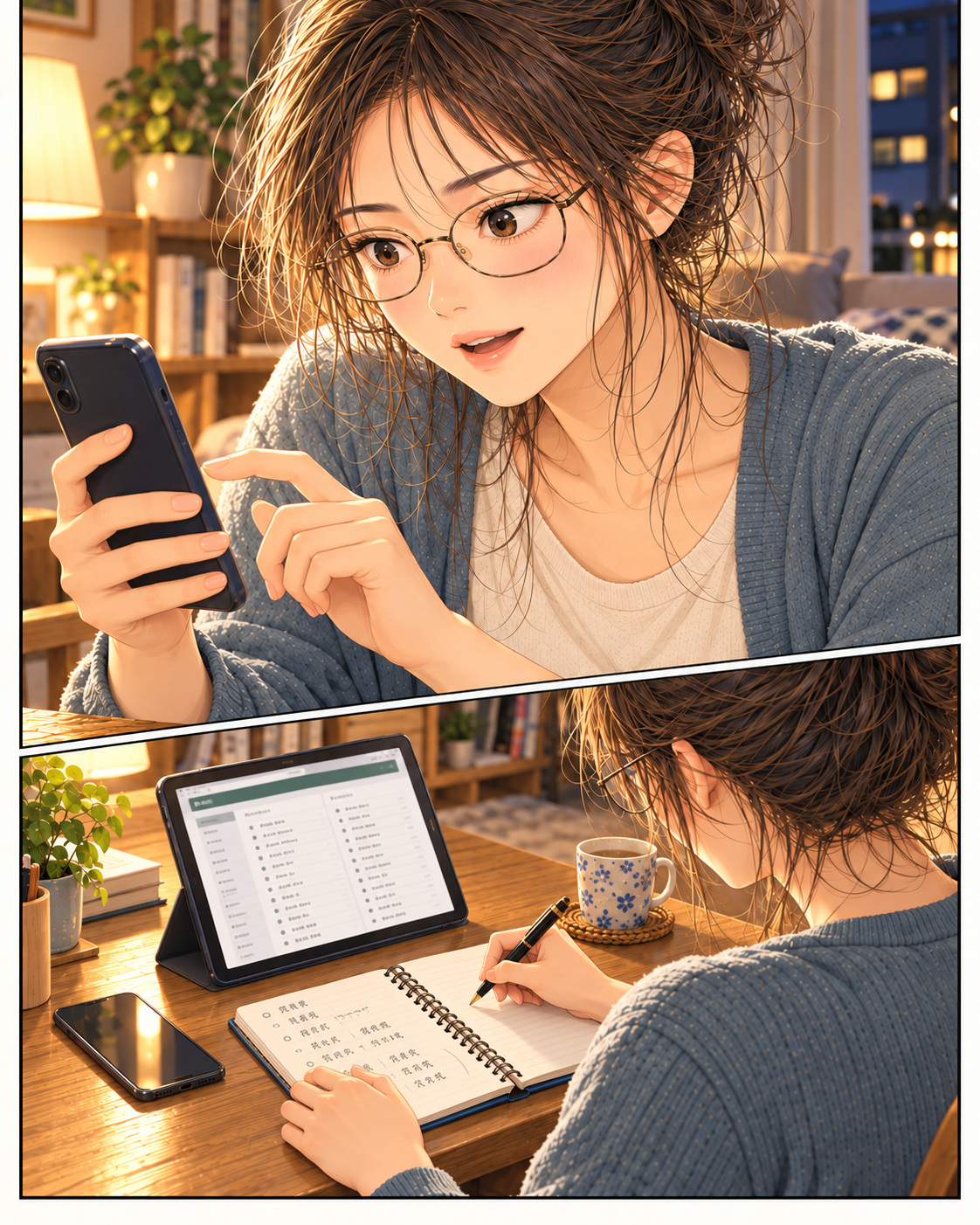 夜の自宅でスマートフォンを見たしおりが、タブレットの前で右手にペンを持ちノートを開く二つの場面。