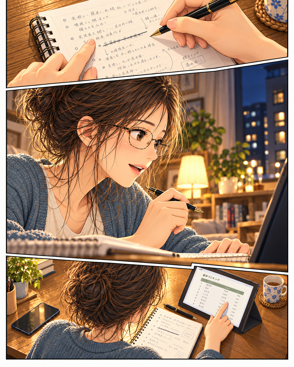 ノートの一行を消し、タブレットを見て気づいたしおりが、最後にペンを置いて画面へ戻る三つの場面。