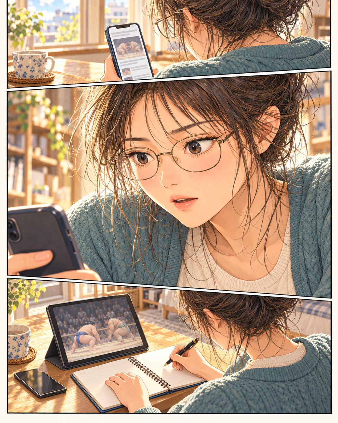 日曜の朝、スマホのニュースに見入るしおり。タブレットで取組を見返し、開いたノートに書き留める三コマ。