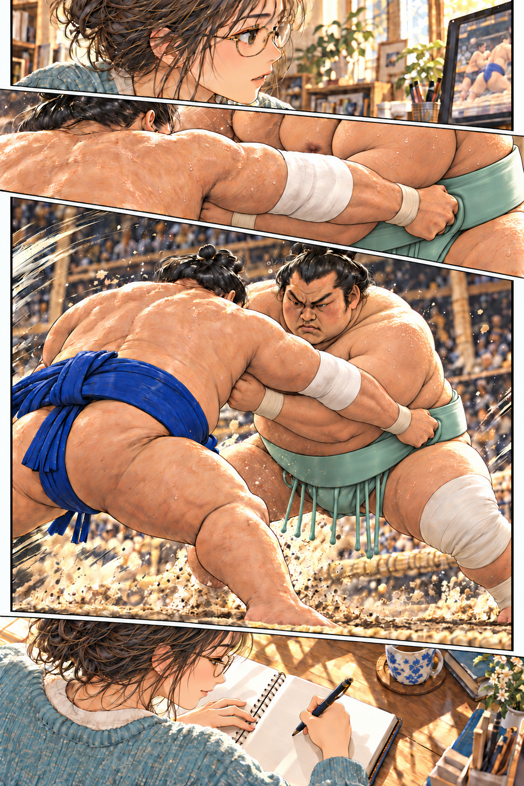 青い藤ノ川関がミントグリーンの琴櫻関のまわしを右上手で取った局面を、接写と大きな構図で描く。しおりの横顔と肩越しのノートにつながる四コマ。