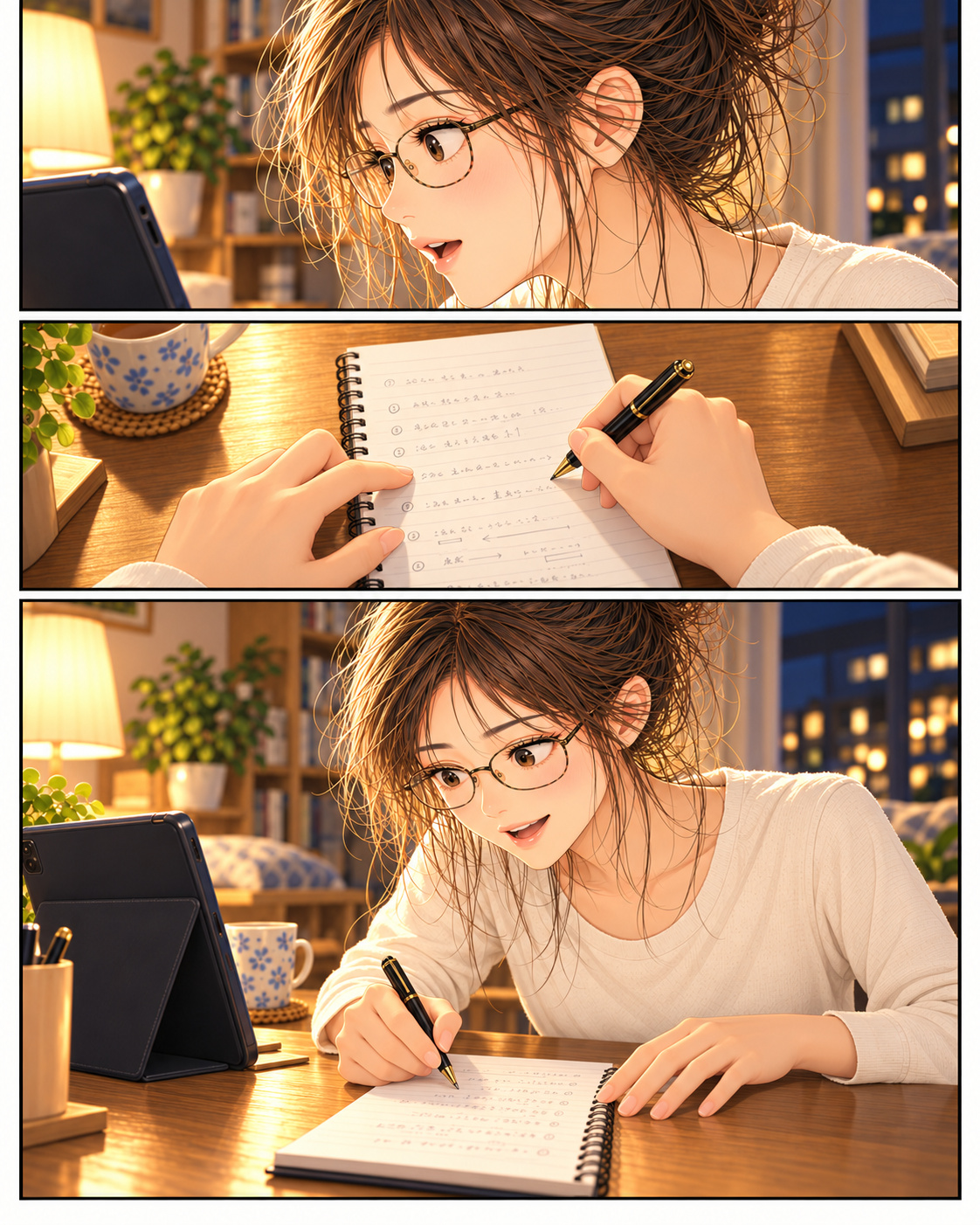 夜、自宅のタブレットを見て、ノートに勝ち星の記録を書き写すしおり。目元、手元、楽しそうな表情の三つのコマ。