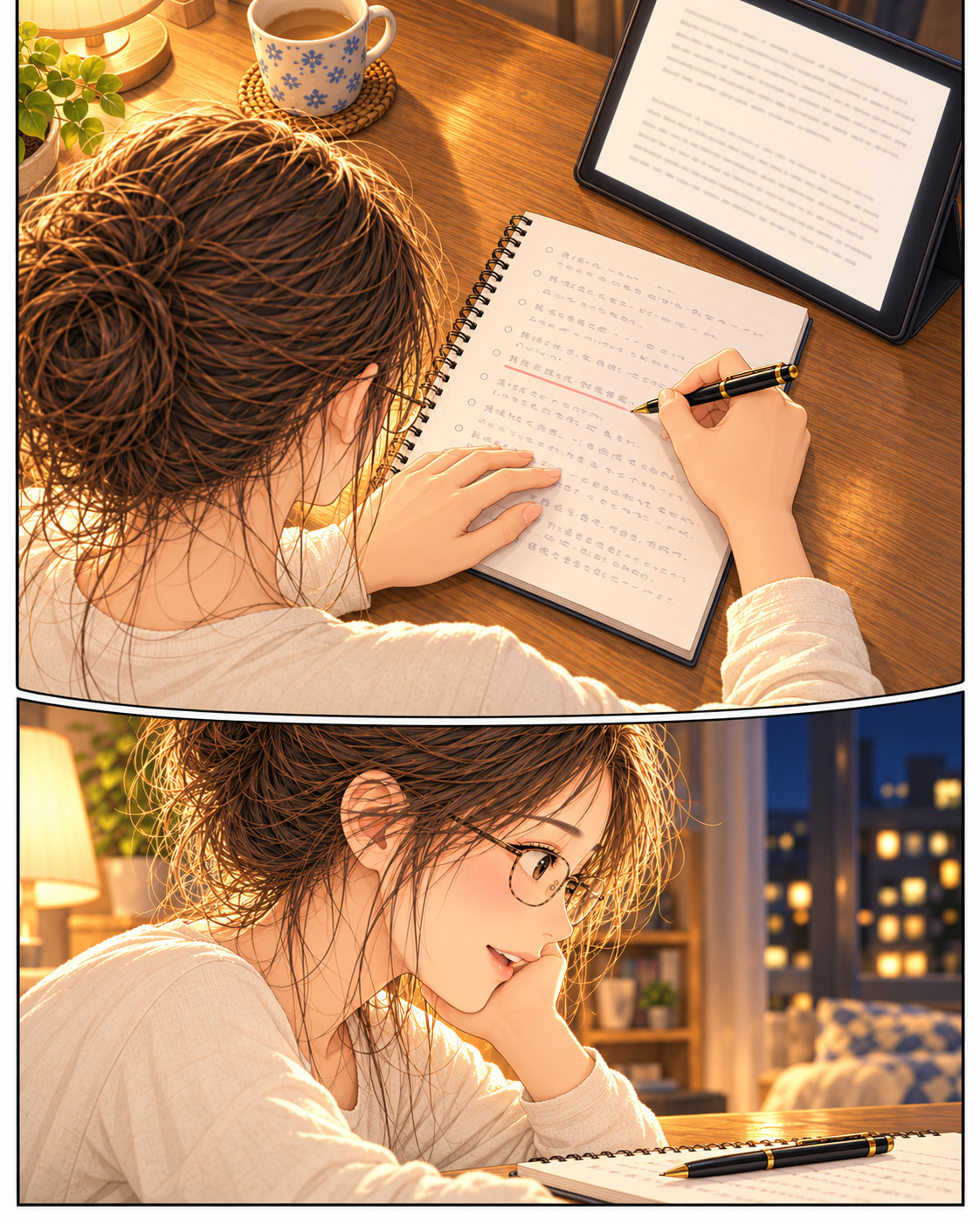 しおりの肩越しに見たノートとタブレット。右手のペンで一行に下線を引いたあと、ペンを置いて考えている二つのコマ。