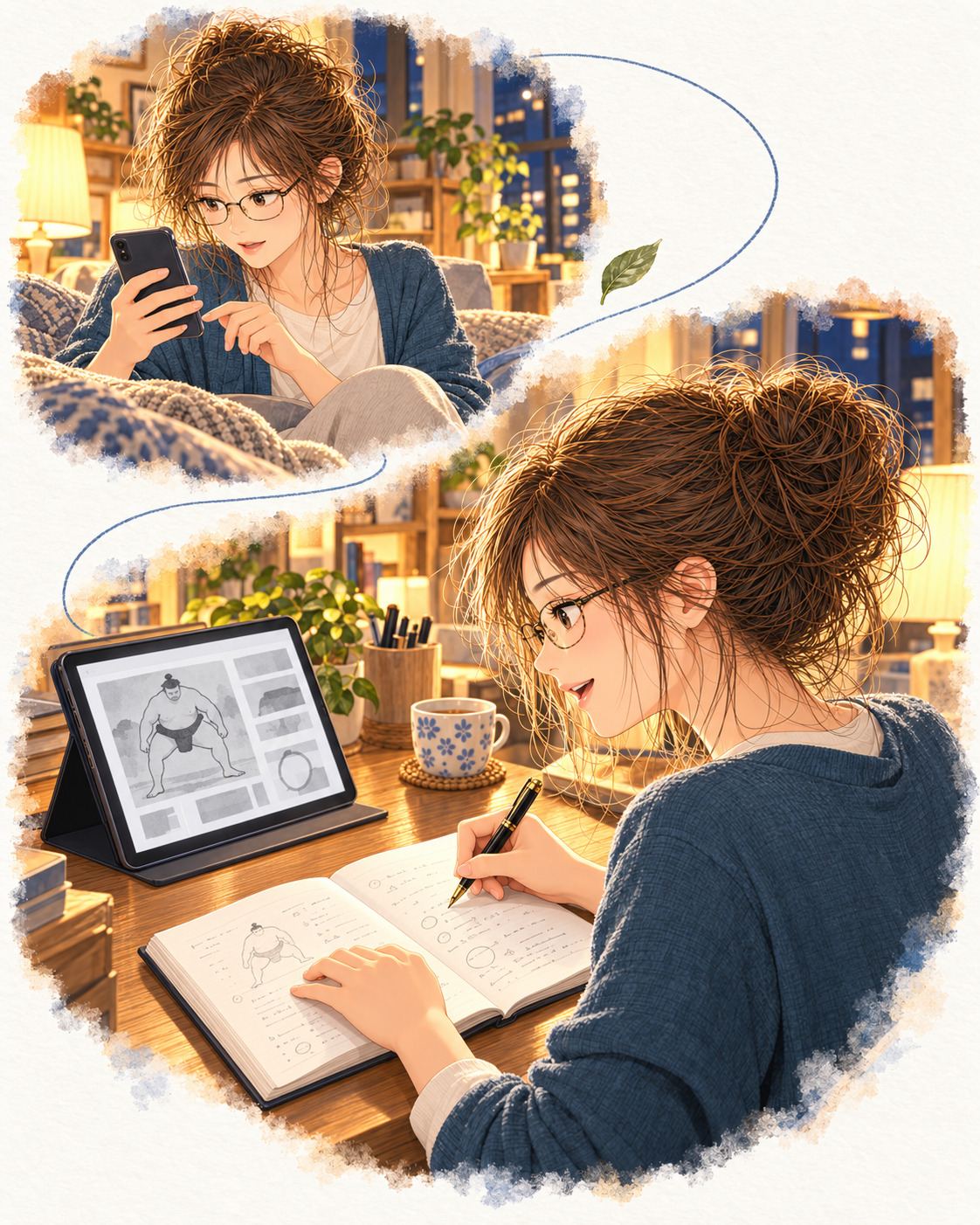 夜、ソファでスマートフォンを読むしおりと、机でタブレットの四股の図を見ながら右手でメモするしおり。