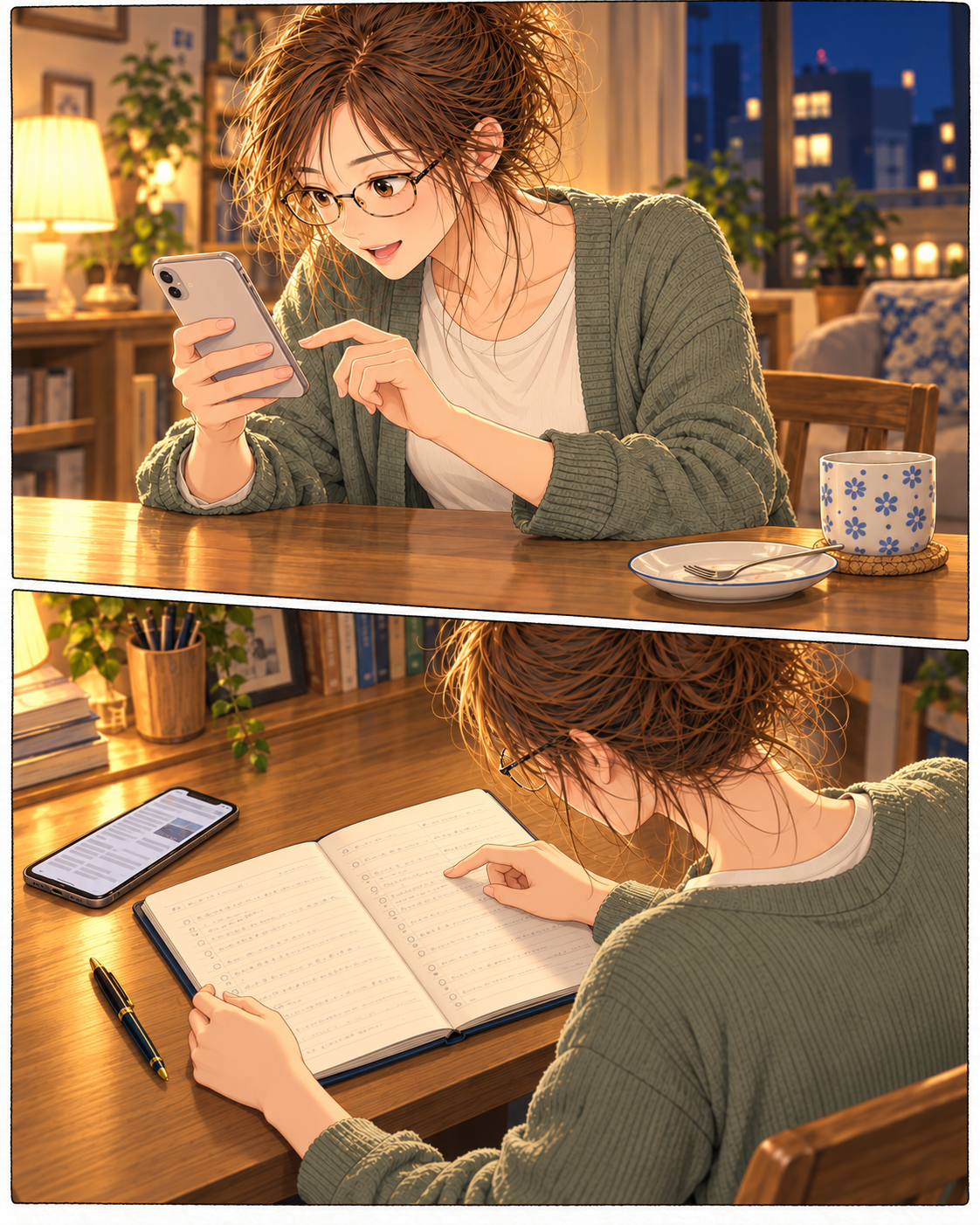 夜、食後にニュースを読み、机に開いたノートで以前の記録を見つけるしおり。