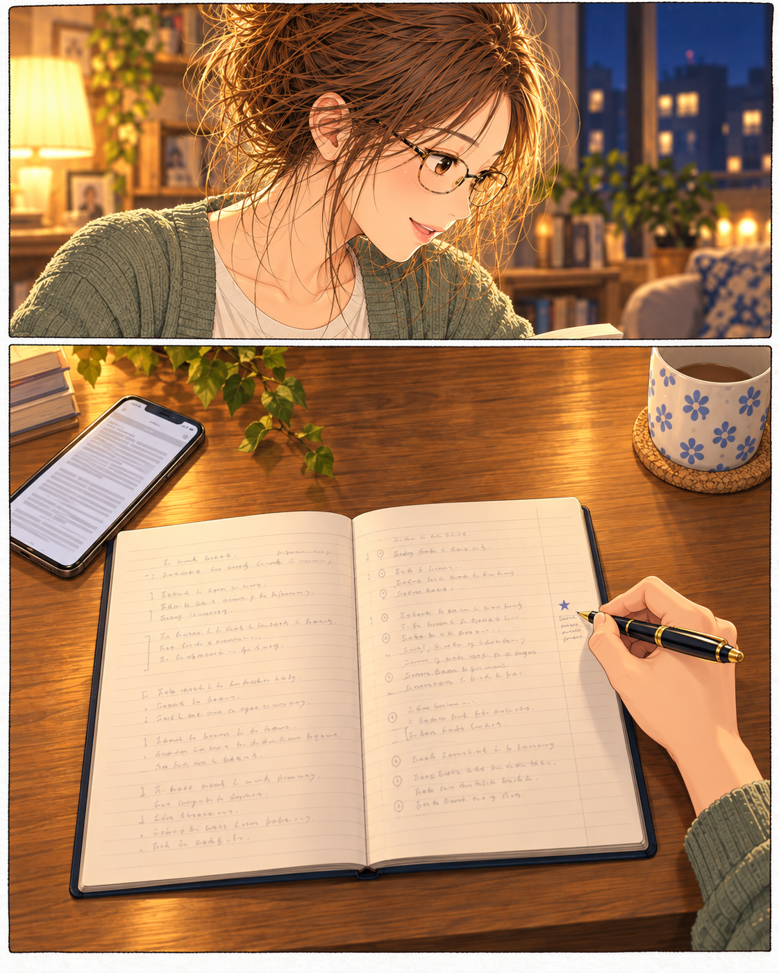 気になった言葉を思い返すしおりと、右手でノートの余白へ一行を書き足す手元。