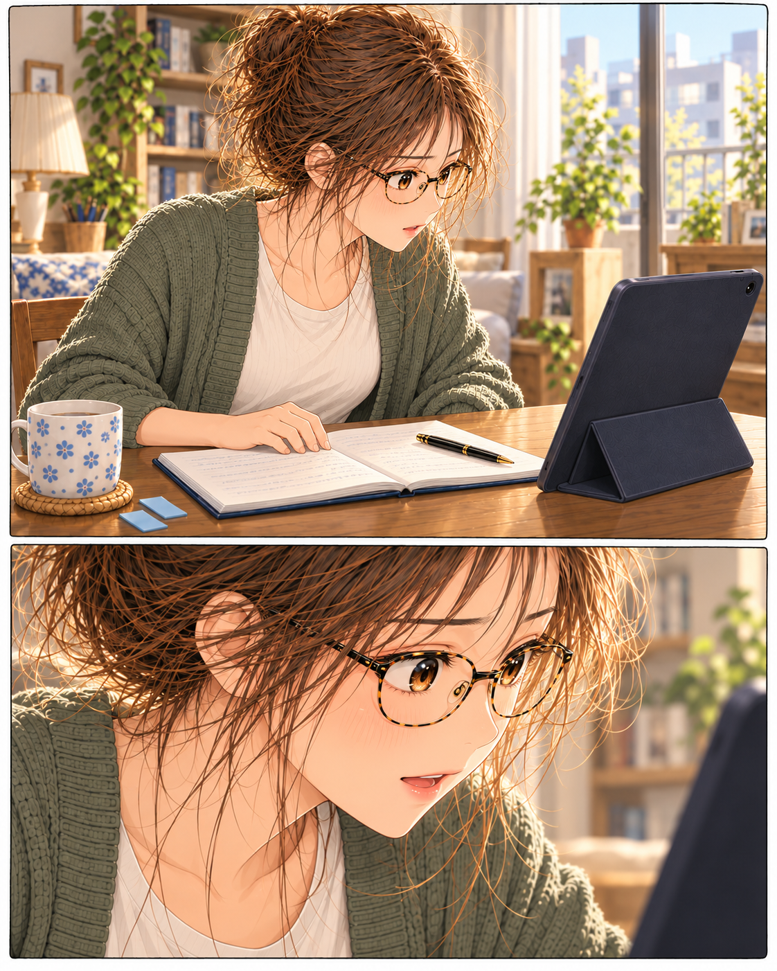 朝のしおりが、ノートから春の一番へ関心を移し、画面へ身を乗り出す。足が残る翔猿を見つめる反応を描く挿絵。