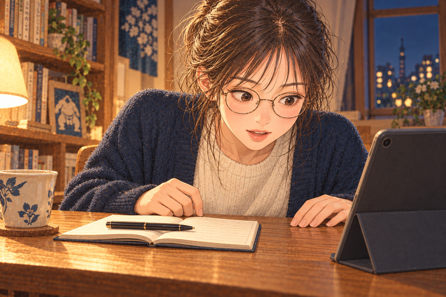 平日の夕食後、タブレットの相撲絵を眺めるしおり。画面の柱へ目が留まり、少し身を寄せた瞬間。