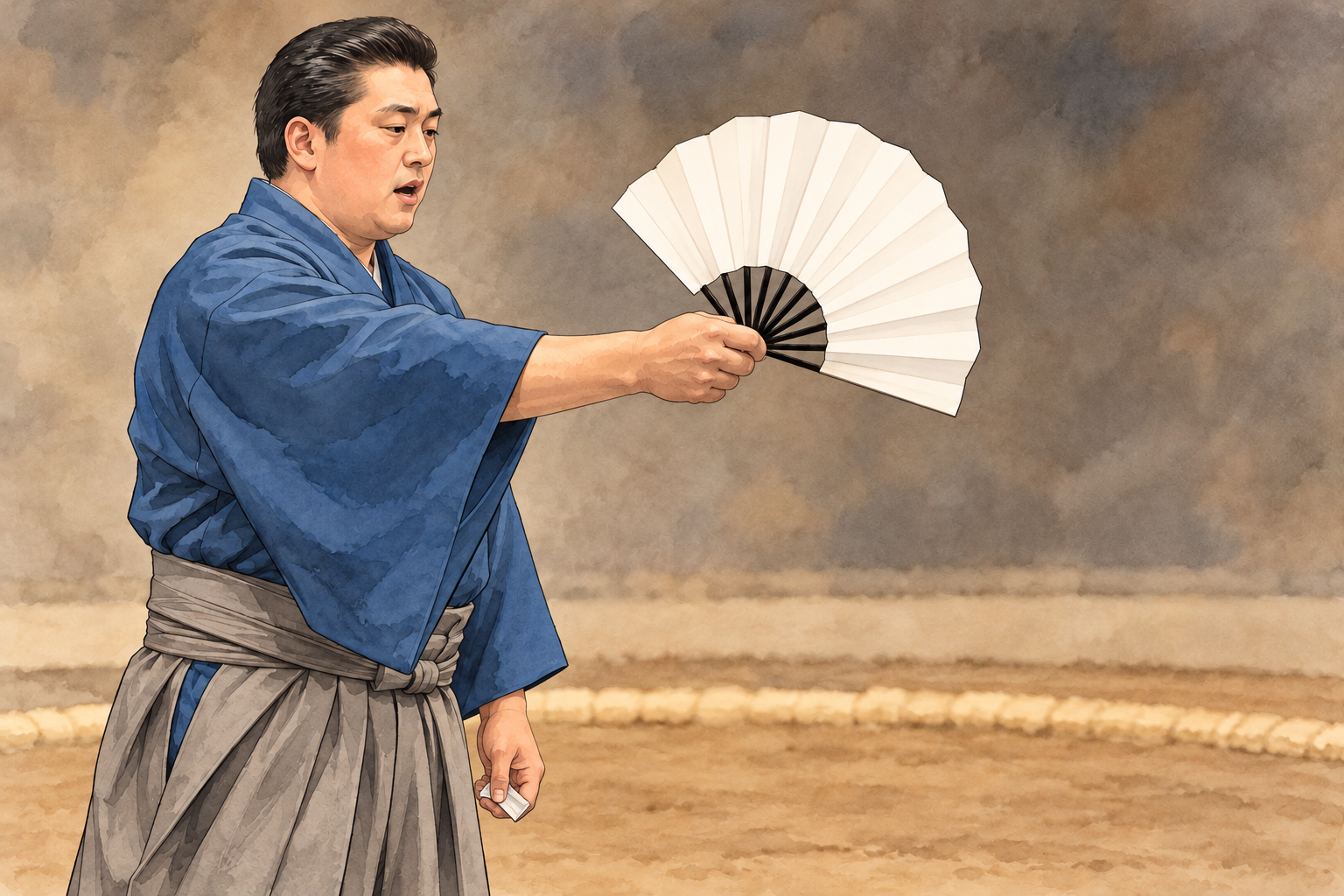 右手で白扇を前へ掲げ、力士の名を呼び上げる呼出の姿を描いた説明用イラスト。特定の人物・取組の再現ではありません。