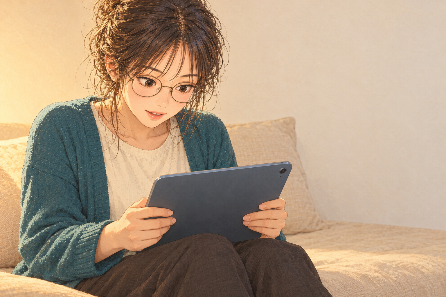 仕事から帰宅した夜、東側のデイベッドに腰を掛けたしおり。両手で支えたタブレットの写真を見て、呼び上げを待つ気持ちを思い出している。