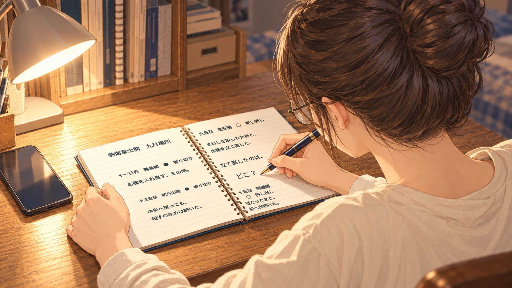 夜の机で、熱海富士関の四番のメモをノートに書き出し、「立て直したのは、どこ？」と書き足すしおりを肩越しに見た場面。