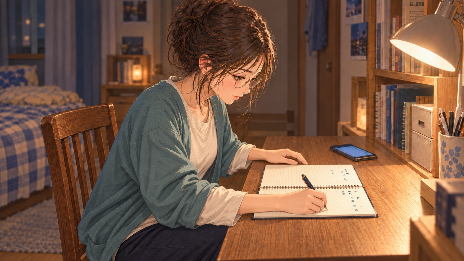 夜の机で、スマホを左に置き、熱海富士関の七月と九月の対戦相手をノートへ書きそろえ始めるしおり。