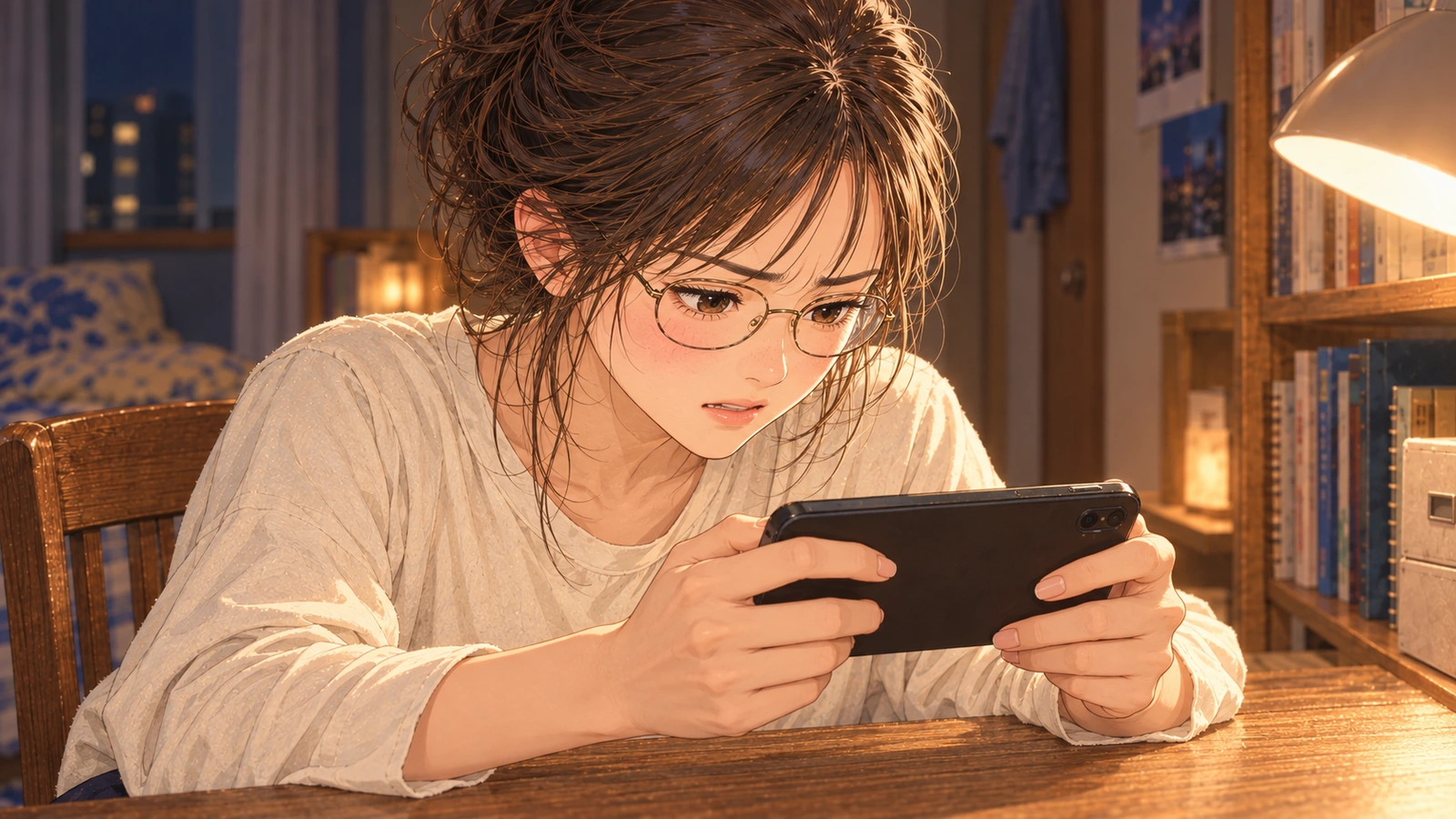 九月場所の一番を見返し、スマホを両手で支えたまま、悔しそうに画面へ見入るしおり。