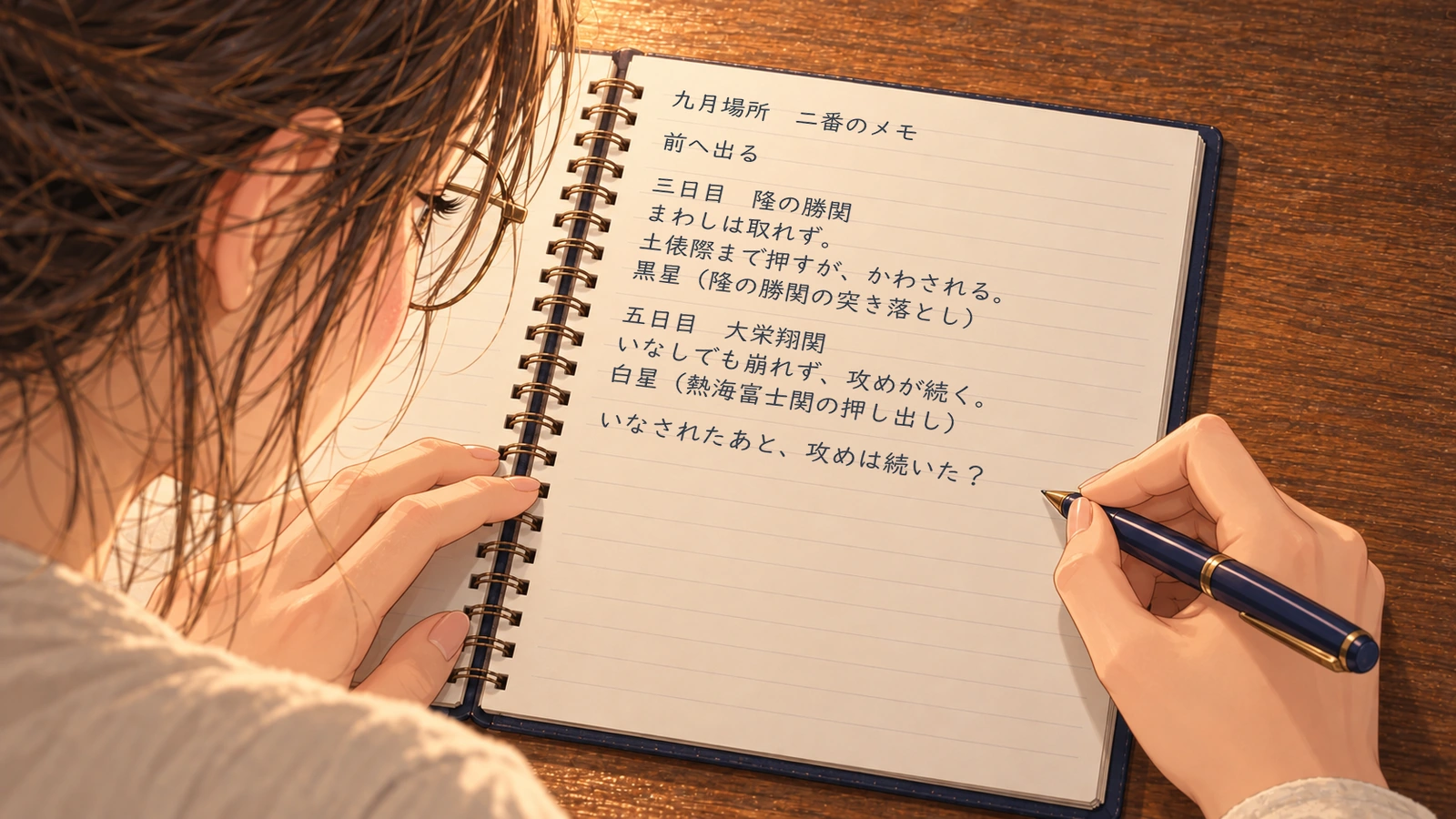 ノートに問いを書き足したしおりが、隆の勝関戦のメモへ目を戻す。左肩の近くから、紙面と止まったペンを一緒に見る構図。